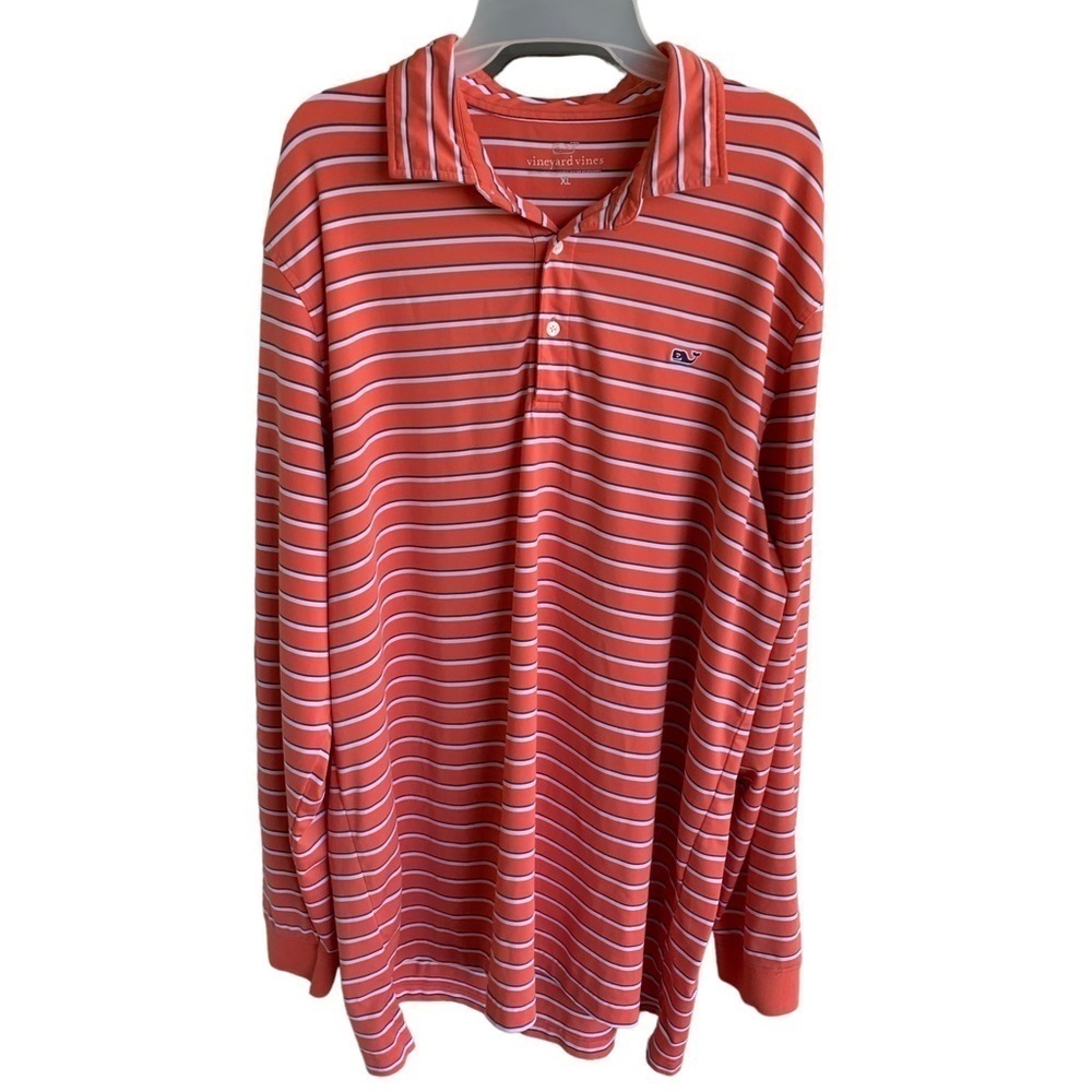 Men’s Vineyard Vines Long Sleeve Polo Shirt Orange Blue White Stripes Size XL